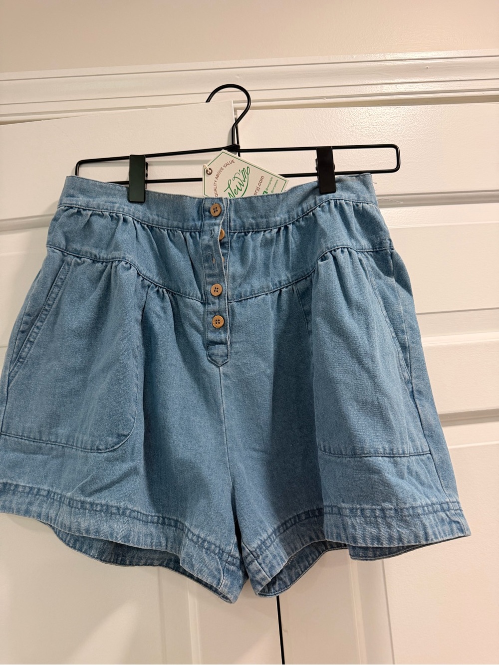 Very J Light Blue High-Waist Button-Front Denim Shorts